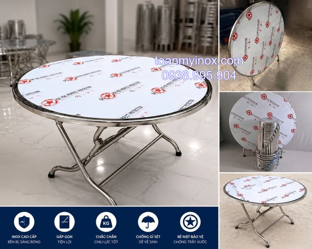 Bàn tròn inox 1m2 xếp gọn giá rẻ (4)