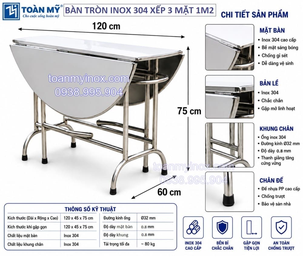 Bàn tròn inox 304 xếp 3 mặt 1m2