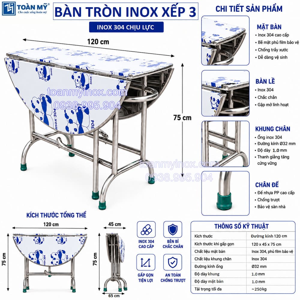 Bàn tròn xếp 3 mặt inox 304