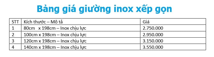 bảng giá giường inox xếp gọn