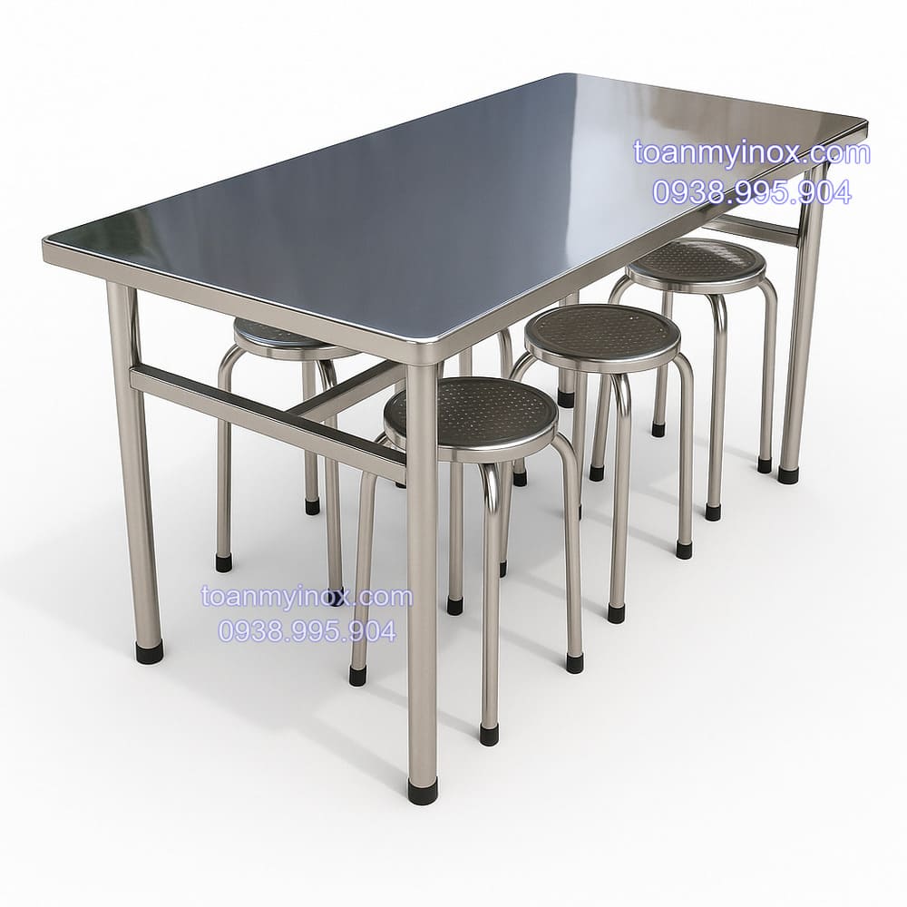Bộ bàn ăn inox chữ nhật công nghiệp (2)