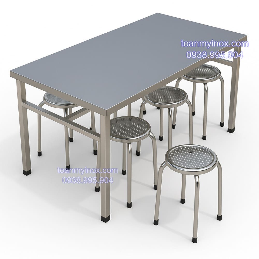 Bộ bàn ăn inox chữ nhật công nghiệp (3)