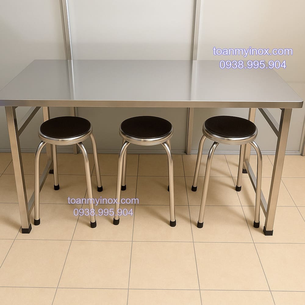 Bộ bàn ăn inox chữ nhật công nghiệp (7)