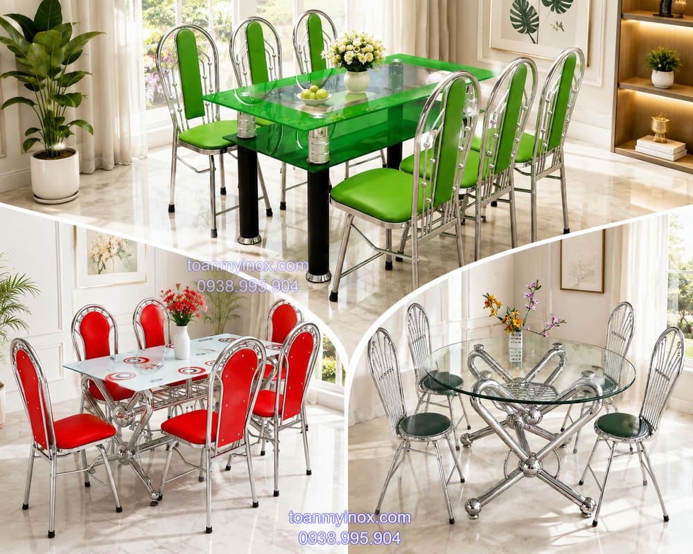 Bộ bàn ghế inox mặt kính