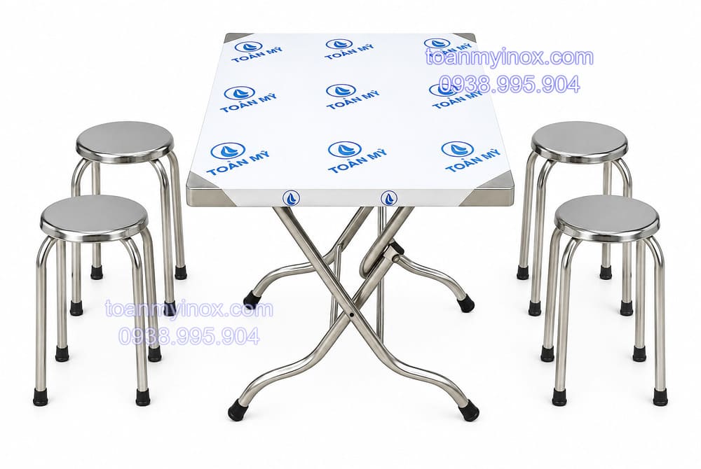 Bộ bàn inox chữ nhật 4 ghế xếp gọn