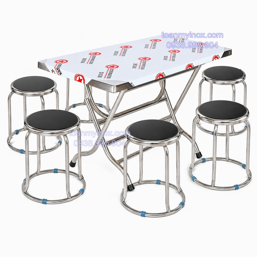 Bộ bàn inox chữ nhật xếp gọn 6 ghế tròn