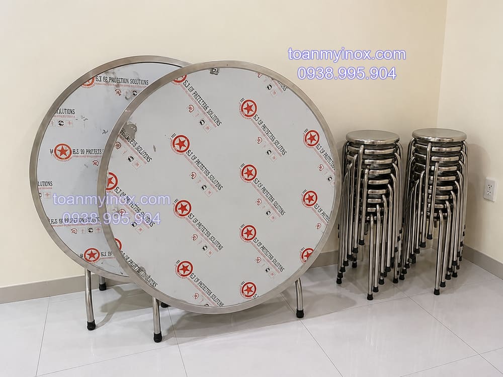 Bộ bàn inox tròn chân xếp 10 ghế (3)