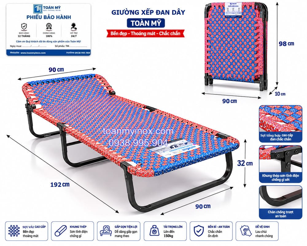 Giường xếp khung sắt sơn tĩnh điện đan dây không gối lớn