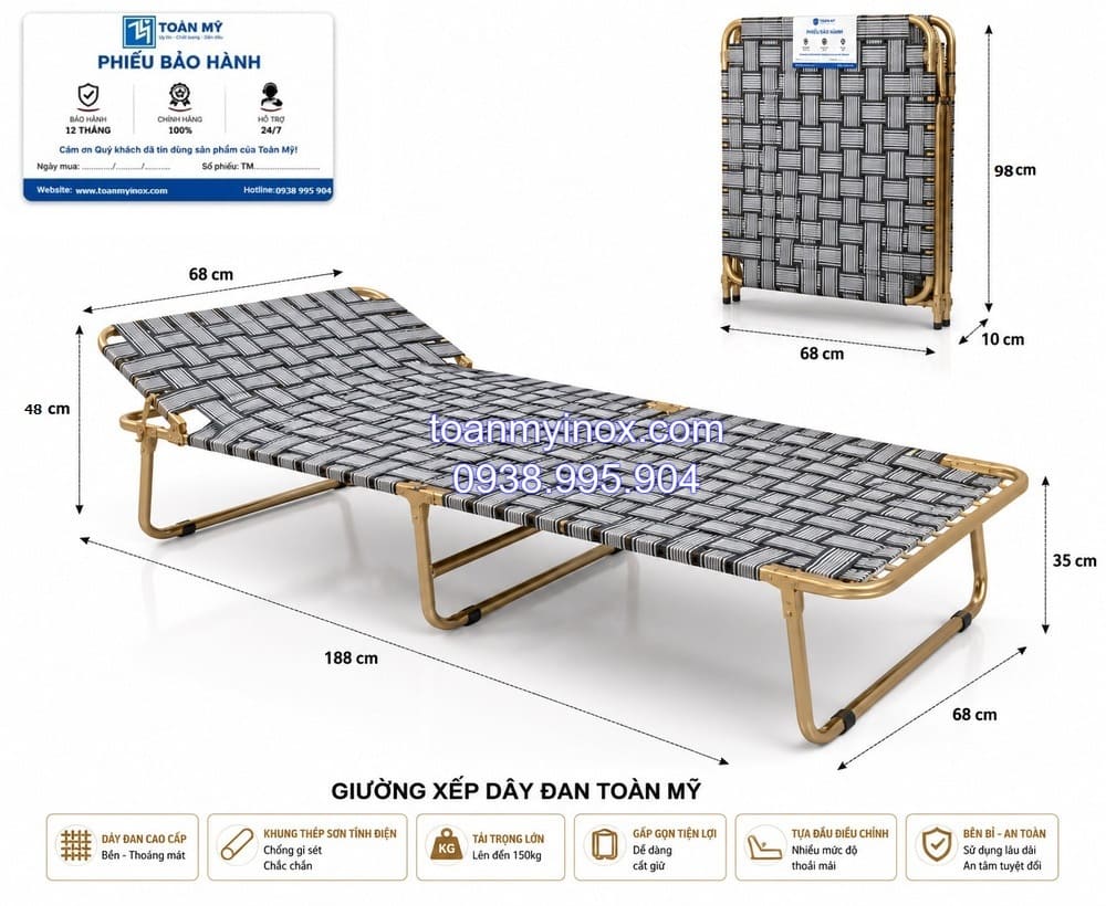Giường xếp khung sắt sơn tĩnh điện đan dây vải không gối