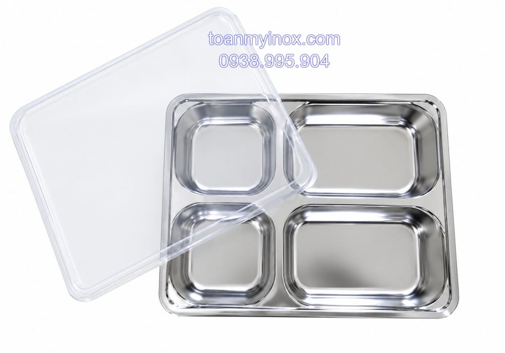 Khay cơm inox 4 ngăn sâu có nắp đậy (3)