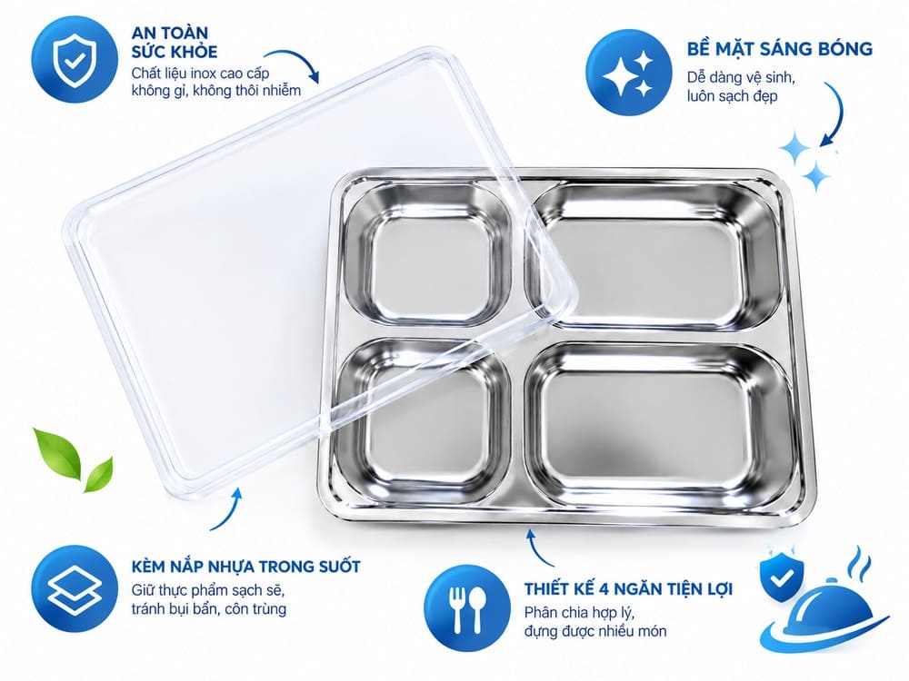 Khay cơm inox 4 ngăn sâu có nắp đậy (4)