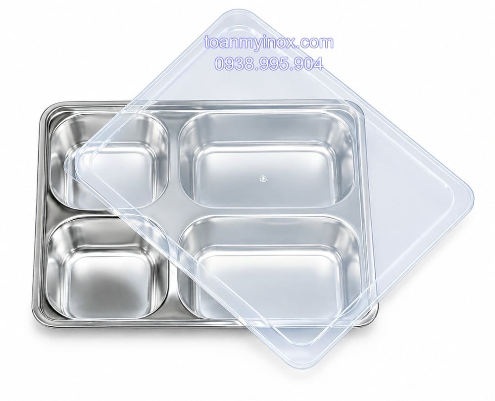 Khay cơm inox 4 ngăn sâu có nắp đậy