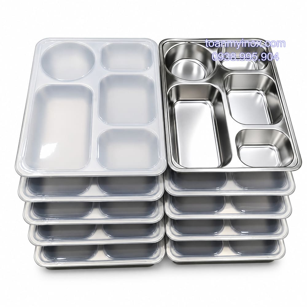 Khay cơm inox 5 ngăn sâu có nắp (4)