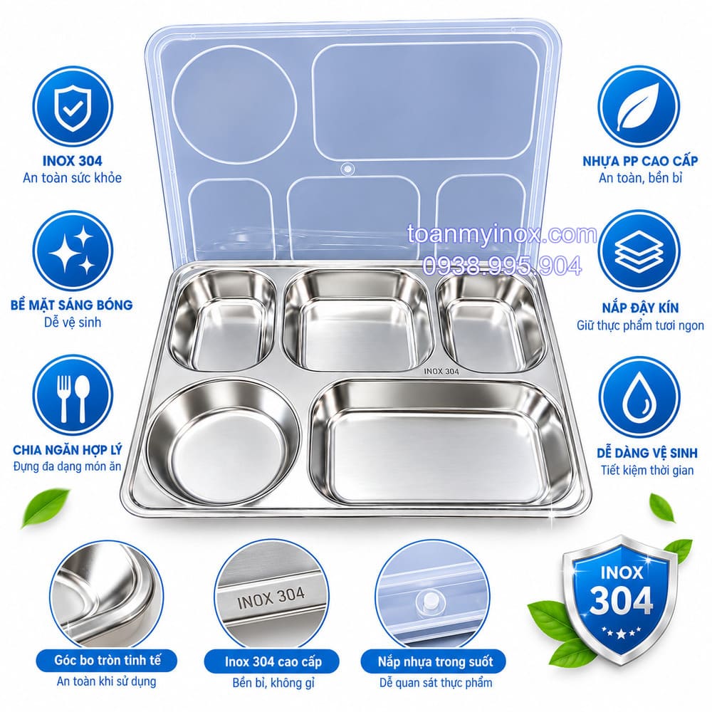 Khay cơm inox 5 ngăn sâu có nắp (5)