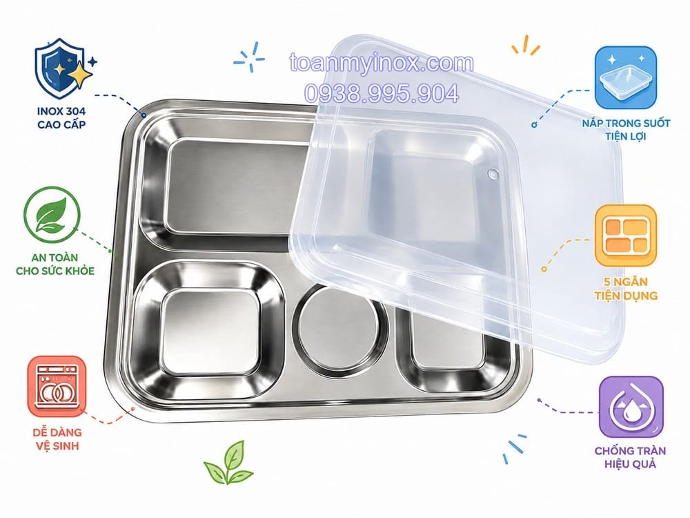 Khay cơm inox 5 ngăn thường có nắp (4)