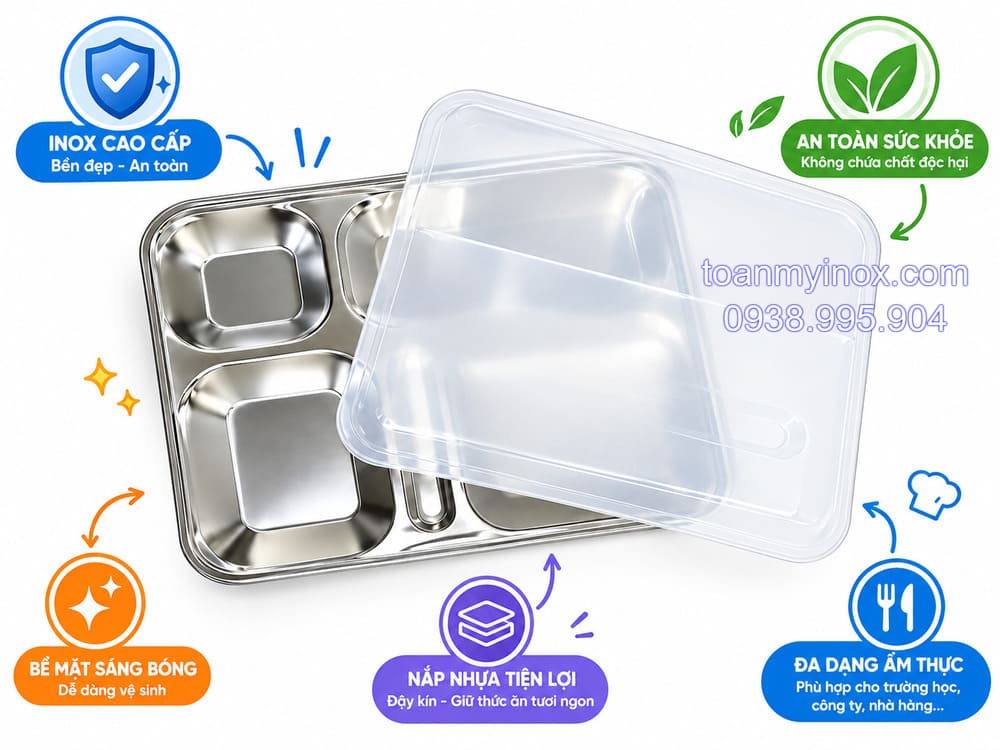 Khay cơm inox 6 ngăn có nắp đậy (4)